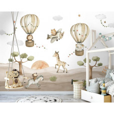 Löwe und Elefant in einem Heißluftballon zwischen Wolken und Luftschlangen, mit Zebra, Affe und Giraffe in der Savanne bei Sonnenuntergang.