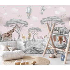 Fototapete mit freundlichen Safari- und Waldtieren wie Löwen und Giraffen. Eine bezaubernde Wahl für ein Babyzimmer.