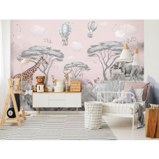 Fototapete mit einer Sammlung von Safari- und Waldtieren in sanften Tönen. Ideal für einen inspirierenden Look in einem Jungenzimmer.