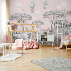 Fototapete mit Safari- und Waldtieren in warmen Farben. Diese Fototapete bringt eine fröhliche Atmosphäre in das Zimmer eines Mädchens.