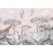 Fototapete mit niedlichen Safari- und Waldtieren wie Elefanten, Giraffen und Hirschen in sanften Tönen.