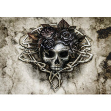 Fototapete von Sarah's Lament mit Totenköpfen und schwarzen Rosen, Alchemie Thema.