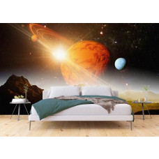 Fototapete Saturn und der Kosmos, Raum mit Planeten und Sternen im Schlafzimmer.