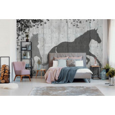 Eine Fototapete mit dem Schatten von Pferden an einer Betonwand in einem Schlafzimmer.