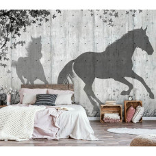 Eine Fototapete mit dem Schatten von Pferden an einer Betonwand in einem Jugendzimmer.