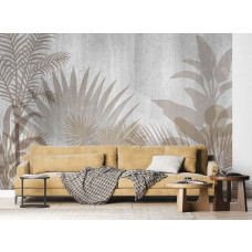 Eine Fototapete mit Pflanzenschatten auf Beton, die eine frische und grüne Dschungelatmosphäre in einem Wohnzimmer schafft.