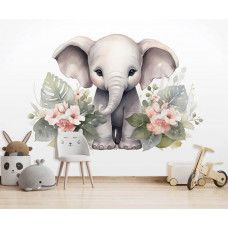 Fototapete eines niedlichen kleinen Elefanten mit Blumen in einem Baby- und Kinderzimmer.