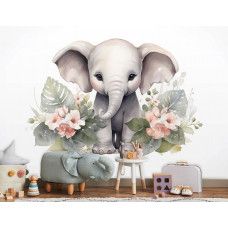 Fototapete eines niedlichen kleinen Elefanten mit Blumen in einem Kinderzimmer.