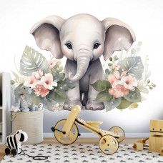 Fototapete eines niedlichen kleinen Elefanten mit Blumen in einem verspielten Spielzimmer.