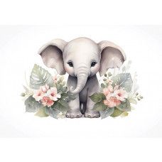 Fototapete eines niedlichen kleinen Elefanten umgeben von Blumen, ideal für Kinderzimmer.