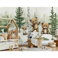 Fotobehang schattige bosdieren met beren en hertjes in een babykamer met lieve bosdieren.