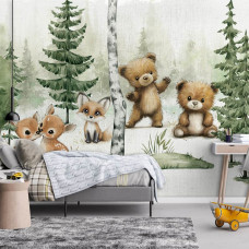 Fotobehang schattige bosdieren met beren en hertjes in een jongenskamer met creatieve sfeer.