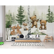 Fotobehang schattige bosdieren met beren en hertjes in een kinderkamer met vrolijke illustratie.
