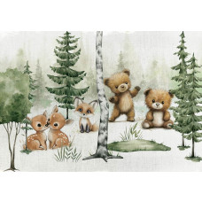 Fotobehang met illustratie van twee beren, twee hertjes en een vosje in een bos.