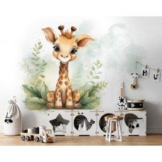 Eine Fototapete mit einer niedlichen Giraffe in einem Babyzimmer mit freundlichem Look.