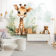 Eine Fototapete mit einer niedlichen Giraffe in einem kombinierten Baby- und Kinderzimmer.