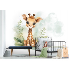Eine Fototapete mit einer niedlichen Giraffe in einem stimmungsvollen Kinderzimmer.