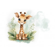 Eine Fototapete mit einer niedlichen Giraffe in einer fröhlichen und verspielten Umgebung für Kinder.