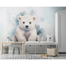 Fototapete mit einem niedlichen Eisbären in einem friedlichen Kinderzimmer.