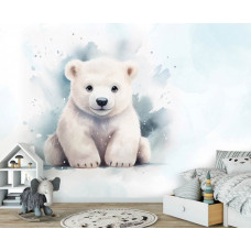 Fototapete mit einem niedlichen Eisbären in einem abenteuerlichen Jungenzimmer.