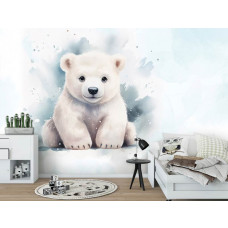 Fototapete mit einem niedlichen Eisbären in einem stimmungsvollen Kinderzimmer.