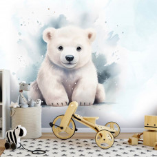 Fototapete mit einem niedlichen Eisbären in einem Mädchenzimmer mit weichen Tönen.