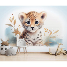 Eine Fototapete mit einem süßen kleinen Löwen mit einem verspielten Design in einem Babyzimmer und Kinderzimmer.