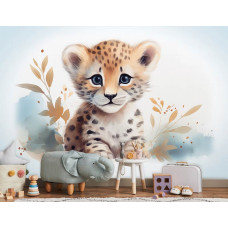 Eine Fototapete mit einem süßen kleinen Löwen in einem ruhigen Babyzimmer.