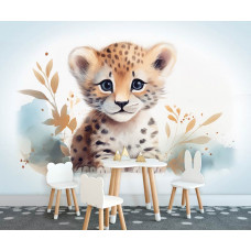 Eine Fototapete mit einem süßen kleinen Löwen in einem fröhlichen Spielzimmer.