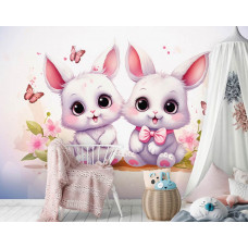 Eine Fototapete mit niedlichen Häschen und Schmetterlingen in einem Baby- und Kinderzimmer.