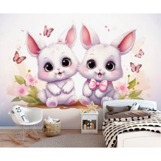 Eine Fototapete mit niedlichen Häschen und Schmetterlingen in einem stimmungsvollen Kinderzimmer.