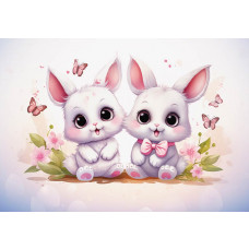 Fototapete mit niedlichen Häschen und Schmetterlingen, ideal für Kinderzimmer.