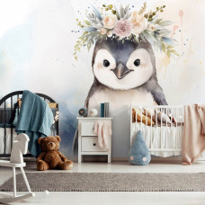 Eine Fototapete mit einem niedlichen Pinguin in einem verspielten Kinderzimmer.