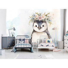 Eine Fototapete mit einem niedlichen Pinguin mit einem fröhlichen Blick.