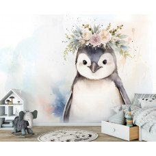 Eine Fototapete mit einem niedlichen Pinguin in einem farbenfrohen Kinderzimmer.