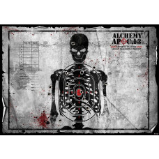 Fototapete Schießkarte mit Skelett und Alchemie-Thema, robust und detailliert.