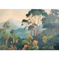 Fotobehang met een schilderachtig berglandschap met groene heuvels, besneeuwde toppen en een blauwe lucht.