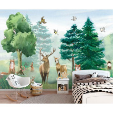 Fototapete mit einem Waldtierparadies mit detaillierten Tieren und sanften Farben. Perfekt für eine ruhige und natürliche Atmosphäre in einem Jungenzimmer.