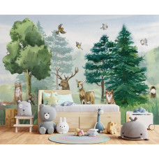 Fototapete mit fröhlichen Waldtieren in einer malerischen Umgebung. Ideal für ein Kinderzimmer mit einem abenteuerlichen und verspielten Look.