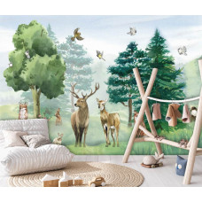 Fototapete mit Waldtieren in einem malerischen Stil, darunter Rehe und Eichhörnchen. Diese Fototapete bringt ein rustikales und warmes Gefühl in ein Mädchenzimmer.