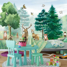 Fototapete mit einer malerischen Darstellung von Waldtieren in einer verträumten Umgebung. Eine bezaubernde Wahl für ein Spielzimmer.