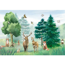 Fototapete mit einer malerischen Darstellung eines Waldtierparadieses mit Rehen, Füchsen und Vögeln in einer natürlichen Umgebung. Ein stimmungsvolles Design.