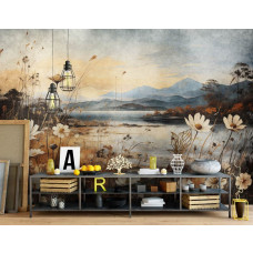 Eine Fototapete mit einer malerischen Landschaft mit einem See, Blumen und Natur im Malstil für das Wohnzimmer.
