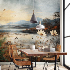 Eine Fototapete mit einer malerischen Landschaft mit einem See, Blumen und Natur im Malstil für die Küche.