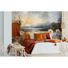 Eine Fototapete mit einer malerischen Landschaft mit einem See, Blumen und Natur im Malstil für das Schlafzimmer.