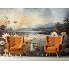 Eine Fototapete mit einer malerischen Landschaft mit einem See, Blumen und Natur im Malstil für das Wohnzimmer.