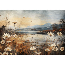 Malerische Fototapete mit einer Landschaft eines Sees umgeben von Blumen und Natur.