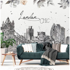 Fototapete mit einer malerischen Ansicht von London und der Tower Bridge. Perfekt für eine klassische und beruhigende Atmosphäre in einem Wohnzimmer.