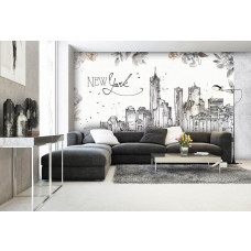 Fototapete mit der Skyline von New York in malerischem Stil. Diese Fototapete verleiht einem Wohnzimmer ein modernes und urbanes Gefühl.
