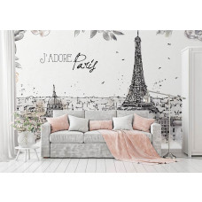 Fototapete mit dem Eiffelturm und den romantischen Straßen von Paris in einem malerischen Stil. Eine ausgezeichnete Wahl für ein Wohnzimmer.